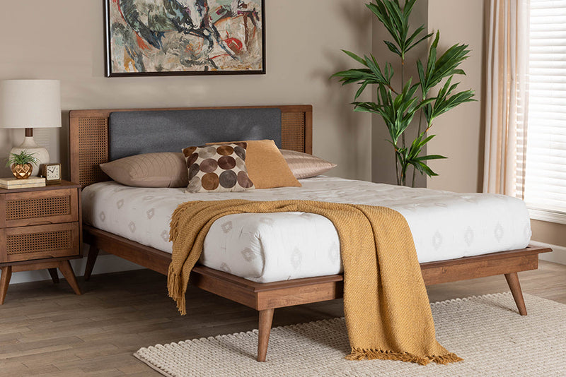 Rina Dark Gray Fabric and Walnut Brown King Size Platform Bed Baxton