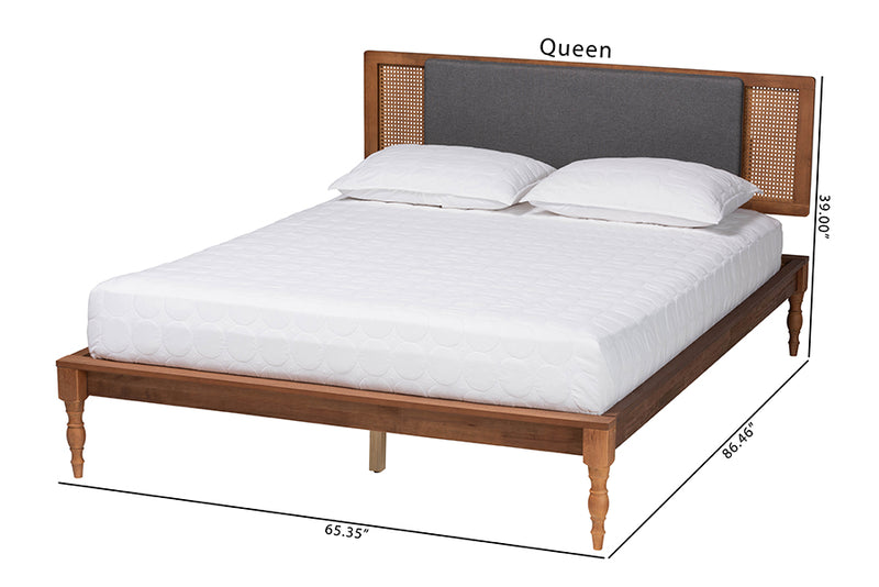 Ainslie Mid-Century Modern Dark Gray Fabric and Walnut Brown Finished Wood King Size Platform Bed