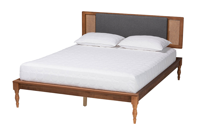 Ainslie Mid-Century Modern Dark Gray Fabric and Walnut Brown Finished Wood King Size Platform Bed