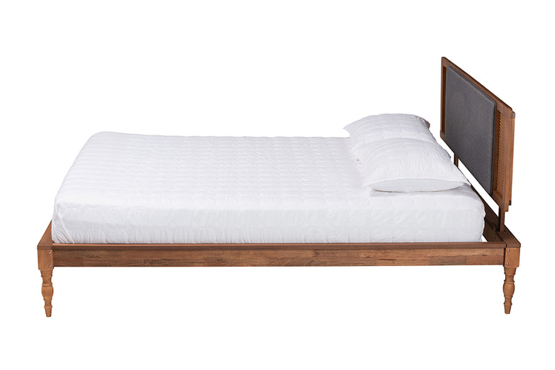 Ainslie Mid-Century Modern Dark Gray Fabric and Walnut Brown Finished Wood King Size Platform Bed