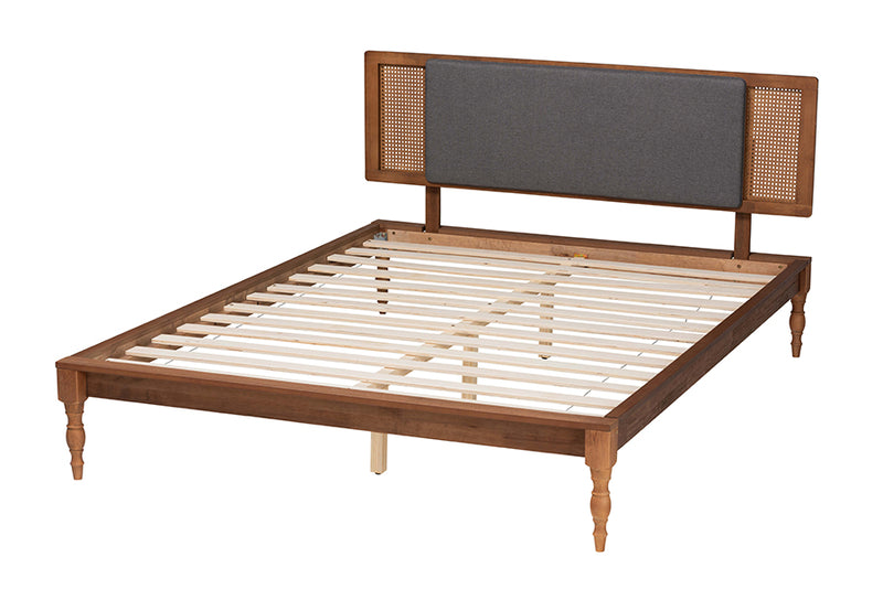 Ainslie Mid-Century Modern Dark Gray Fabric and Walnut Brown Finished Wood Full Size Platform Bed