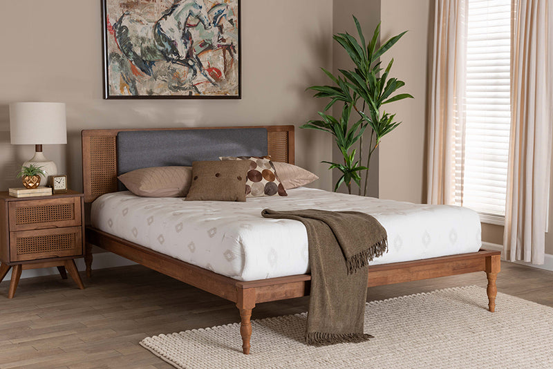 Ainslie Mid-Century Modern Dark Gray Fabric and Walnut Brown Finished Wood Queen Size Platform Bed