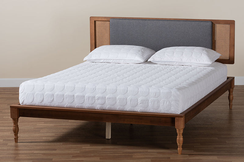 Ainslie Dark Gray Fabric and Walnut Brown King Size Platform Bed Baxton