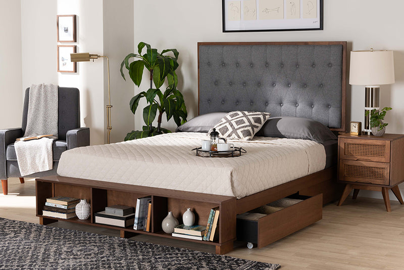 Ewan Classic Transitional Gray Fabric and Walnut Brown Finished Wood King Size Platform Storage Bed