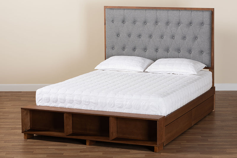 Ewan Classic Transitional Gray Fabric and Walnut Brown Finished Wood King Size Platform Storage Bed