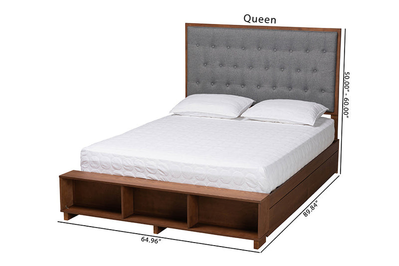 Ewan Gray Fabric and Walnut Brown Queen Size Platform Storage Bed Baxton