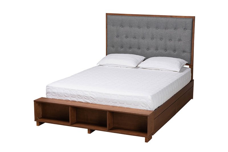 Ewan Classic Transitional Gray Fabric and Walnut Brown Finished Wood King Size Platform Storage Bed