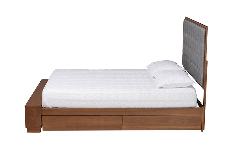 Ewan Classic Transitional Gray Fabric and Walnut Brown Finished Wood Queen Size Platform Storage Bed