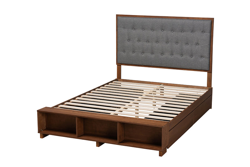 Ewan Classic Transitional Gray Fabric and Walnut Brown Finished Wood Queen Size Platform Storage Bed