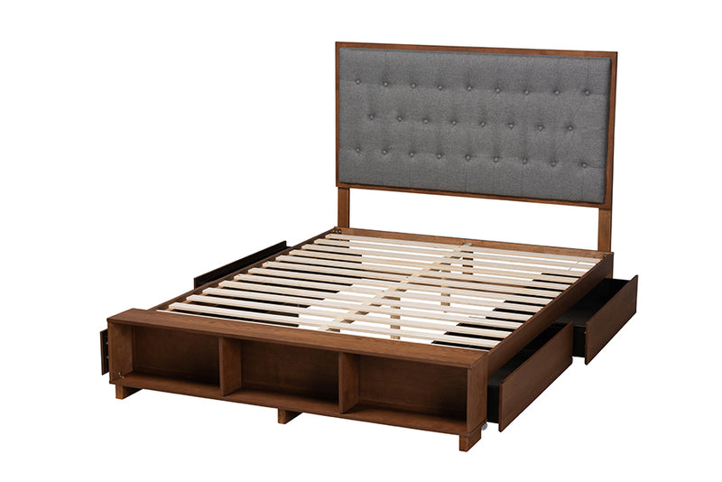 Ewan Classic Transitional Gray Fabric and Walnut Brown Finished Wood Queen Size Platform Storage Bed