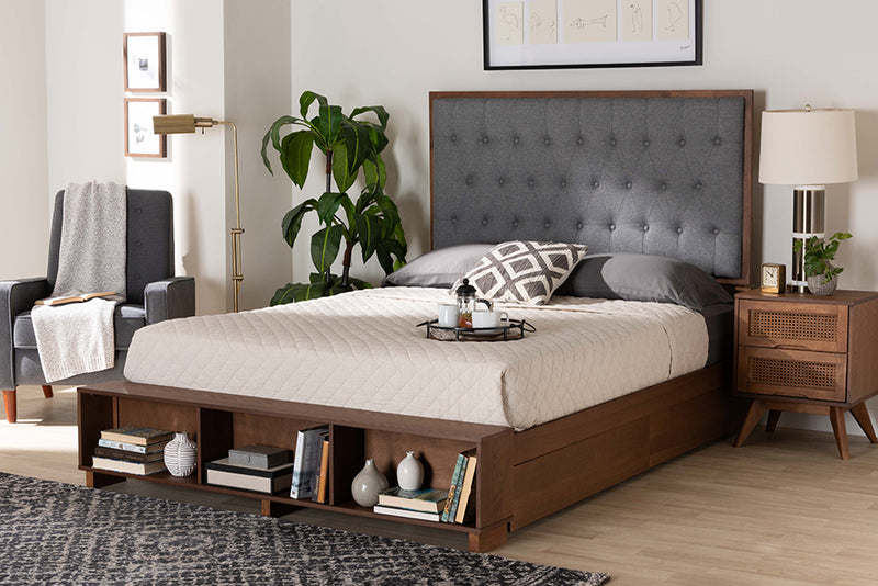 Ewan Classic Transitional Gray Fabric and Walnut Brown Finished Wood King Size Platform Storage Bed