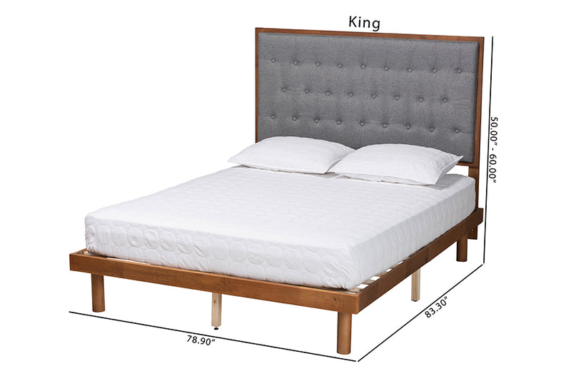 Lillian Classic and Traditional Gray Fabric and Walnut Brown Finished Wood King Size Platform Bed