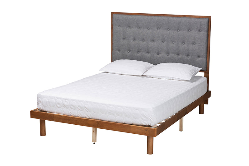 Lillian Classic and Traditional Gray Fabric and Walnut Brown Finished Wood King Size Platform Bed