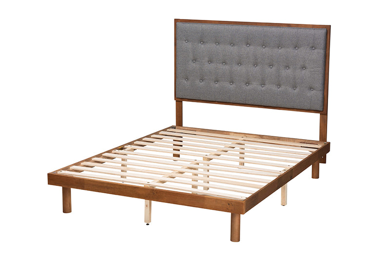 Lillian Classic and Traditional Gray Fabric and Walnut Brown Finished Wood King Size Platform Bed