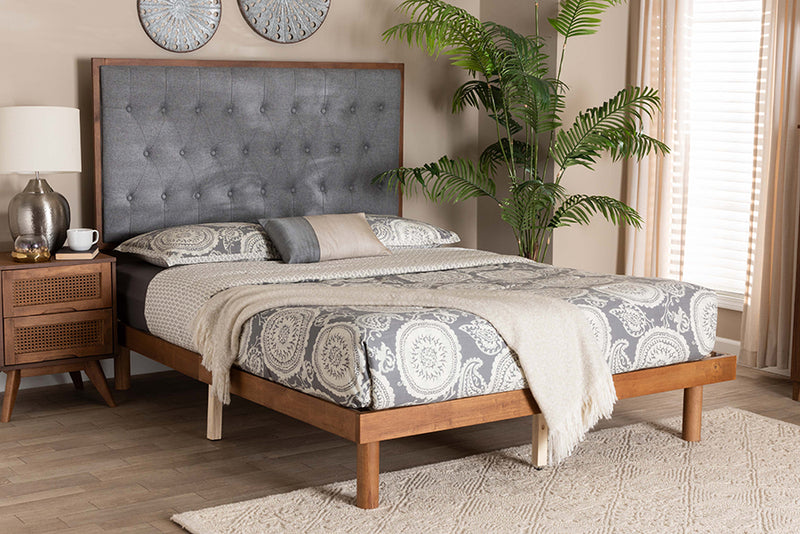 Lillian Classic and Traditional Gray Fabric and Walnut Brown Finished Wood King Size Platform Bed