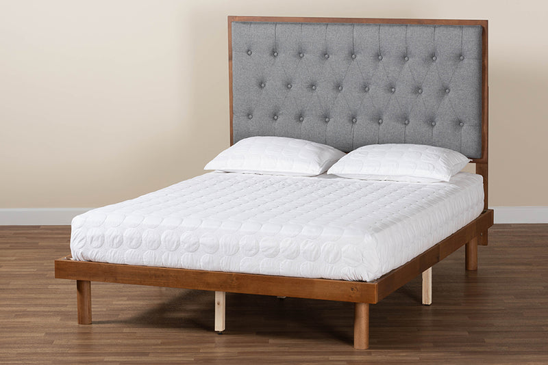 Lillian Classic and Traditional Gray Fabric and Walnut Brown Finished Wood King Size Platform Bed