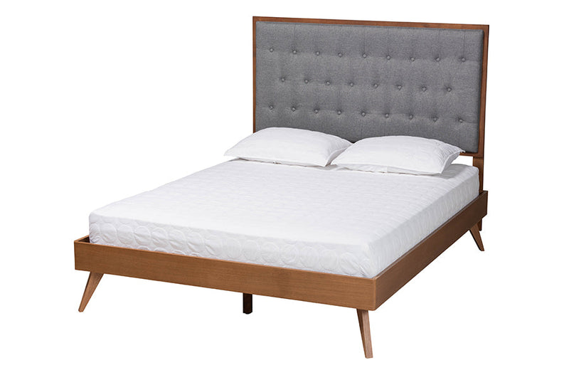 Yorick Gray Fabric and Walnut Brown Queen Size Platform Bed Baxton