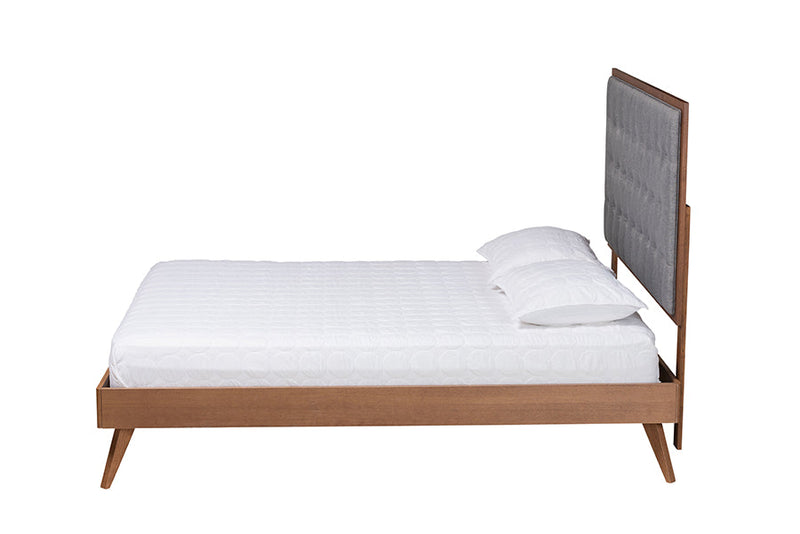 Yorick Gray Fabric and Walnut Brown Queen Size Platform Bed Baxton