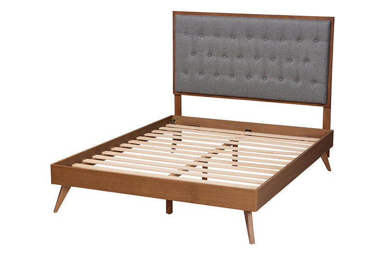 Yorick Classic and Traditional Gray Fabric and Walnut Brown Finished Wood King Size Platform Bed