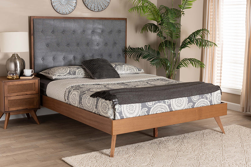 Yorick Classic and Traditional Gray Fabric and Walnut Brown Finished Wood King Size Platform Bed