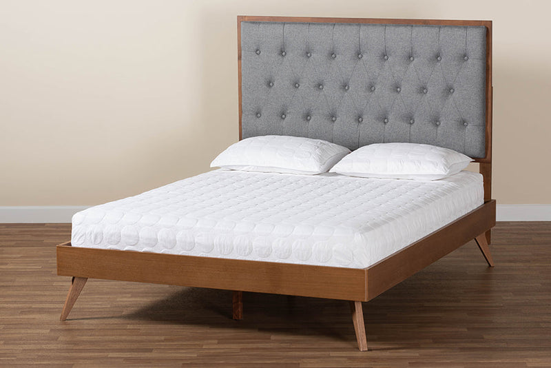 Yorick Gray Fabric and Walnut Brown Queen Size Platform Bed Baxton