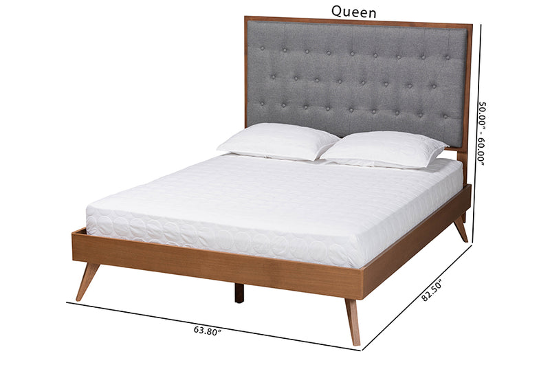 Yorick Classic and Traditional Gray Fabric and Walnut Brown Finished Wood King Size Platform Bed