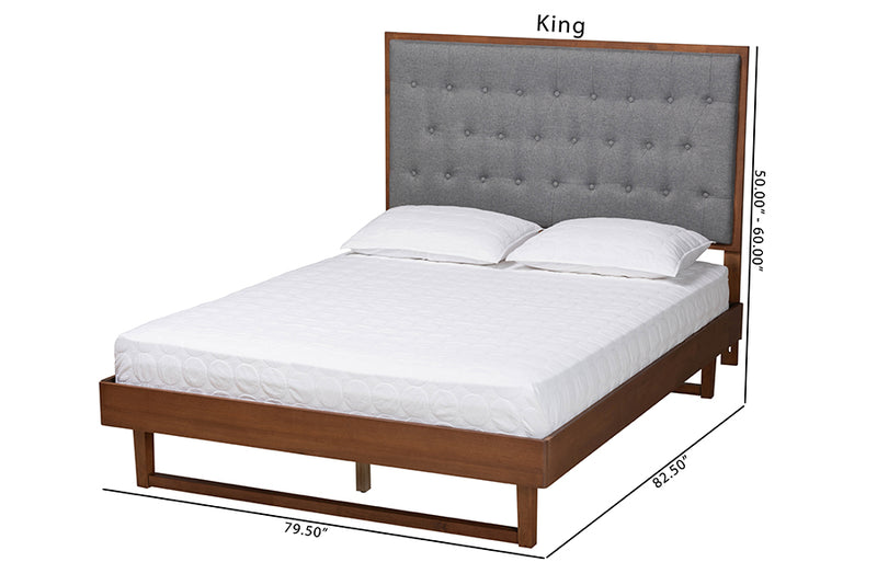 Idalia Classic and Traditional Gray Fabric and Walnut Brown Finished Wood King Size Platform Bed