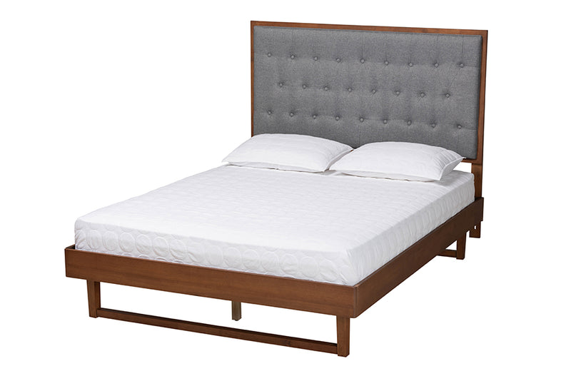 Idalia Classic and Traditional Gray Fabric and Walnut Brown Finished Wood King Size Platform Bed