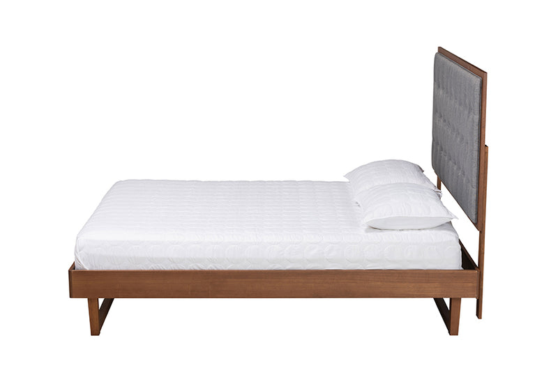 Idalia Classic and Traditional Gray Fabric and Walnut Brown Finished Wood King Size Platform Bed