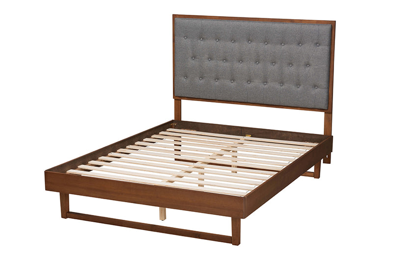 Idalia Classic and Traditional Gray Fabric and Walnut Brown Finished Wood King Size Platform Bed