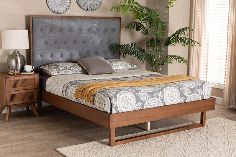 Idalia Classic and Traditional Gray Fabric and Walnut Brown Finished Wood King Size Platform Bed