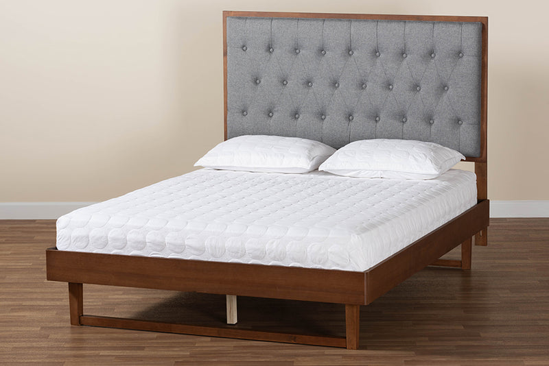 Idalia Classic and Traditional Gray Fabric and Walnut Brown Finished Wood King Size Platform Bed