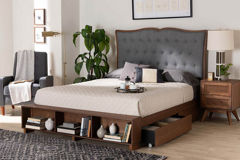 Daina Classic Transitional Gray Fabric and Walnut Brown Finished Wood King Size Platform Storage Bed