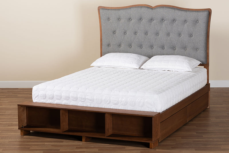 Daina Classic Transitional Gray Fabric and Walnut Brown Finished Wood Queen Size Platform Storage Bed