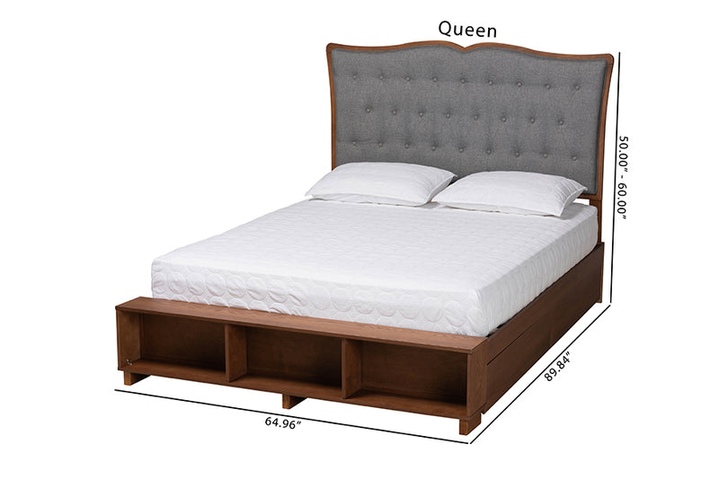 Daina Classic Transitional Gray Fabric and Walnut Brown Finished Wood Queen Size Platform Storage Bed