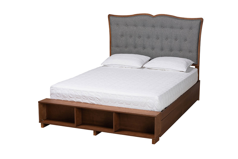 Daina Classic Transitional Gray Fabric and Walnut Brown Finished Wood King Size Platform Storage Bed