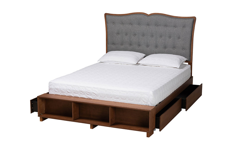 Daina Classic Transitional Gray Fabric and Walnut Brown Finished Wood Queen Size Platform Storage Bed