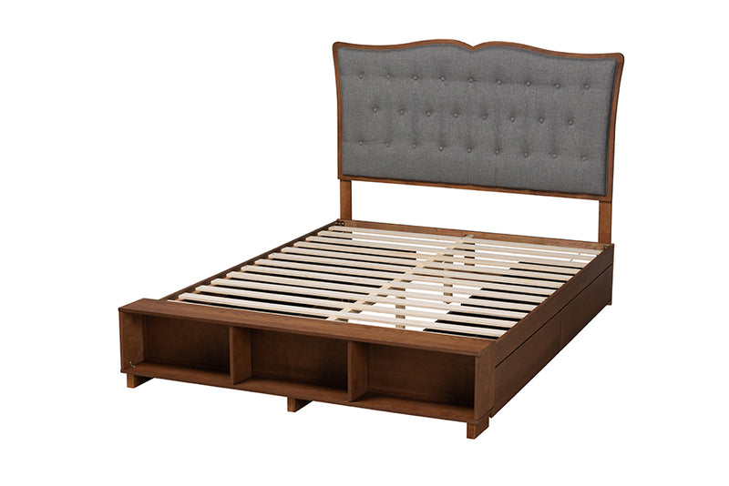 Daina Classic Transitional Gray Fabric and Walnut Brown Finished Wood Queen Size Platform Storage Bed