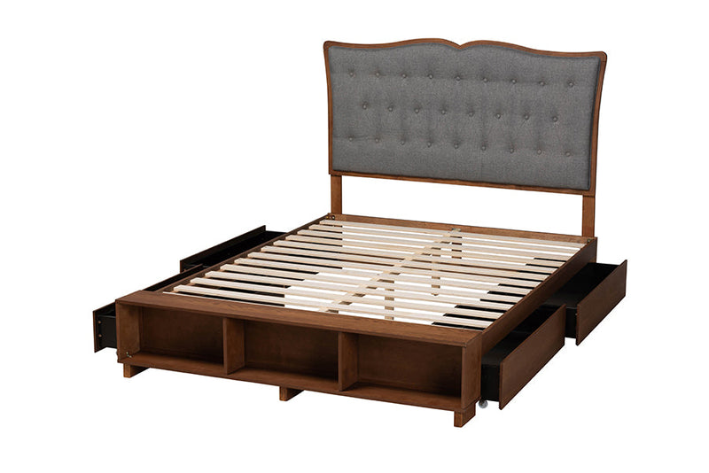 Daina Gray Fabric and Walnut Brown Queen Size Platform Storage Bed Baxton