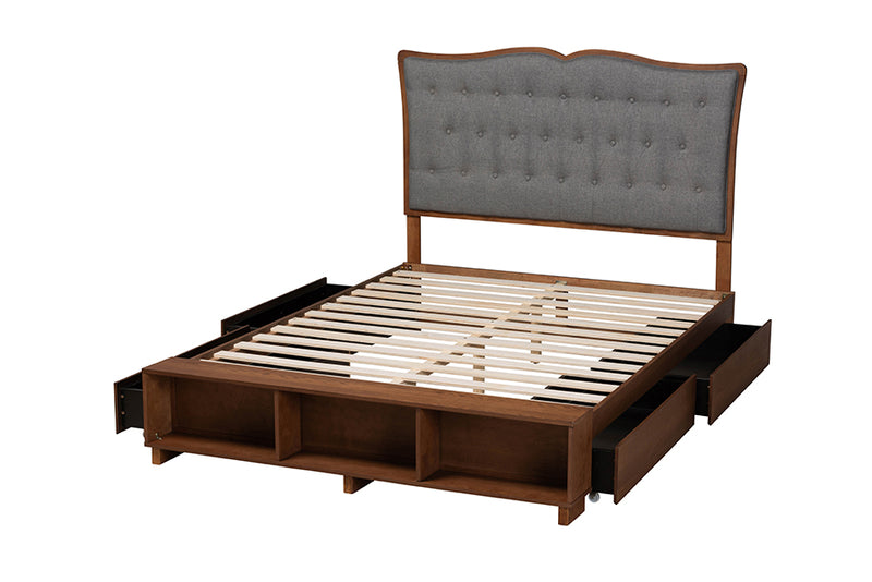 Daina Classic Transitional Gray Fabric and Walnut Brown Finished Wood King Size Platform Storage Bed