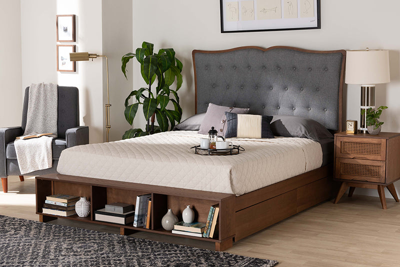 Daina Classic Transitional Gray Fabric and Walnut Brown Finished Wood Queen Size Platform Storage Bed