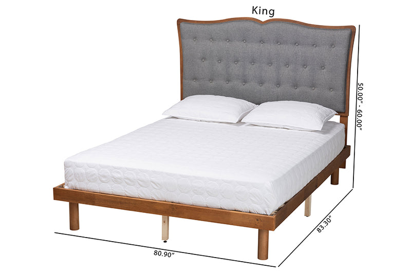 Kirana Classic and Traditional Gray Fabric and Walnut Brown Finished Wood King Size Platform Bed