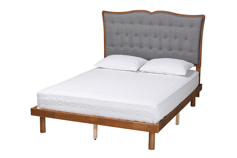 Kirana Classic and Traditional Gray Fabric and Walnut Brown Finished Wood King Size Platform Bed