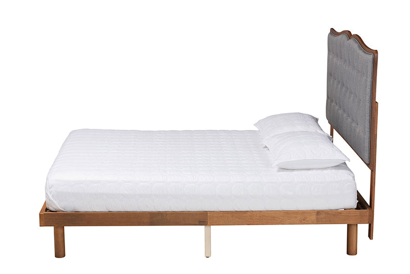Kirana Gray Fabric and Walnut Brown Queen Size Platform Bed Baxton