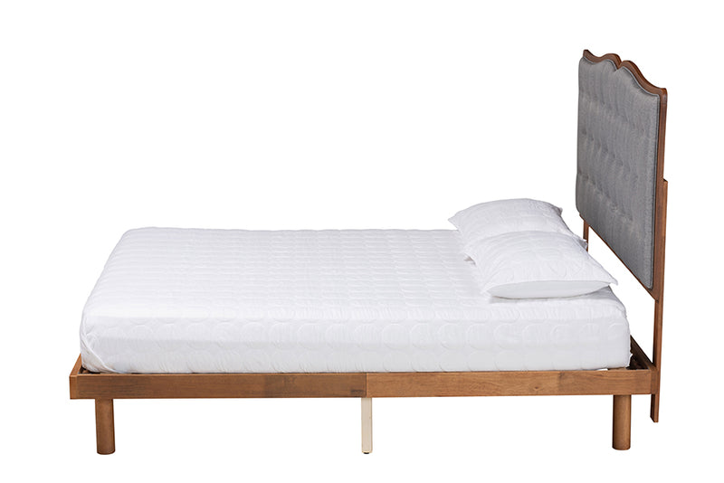 Kirana Classic and Traditional Gray Fabric and Walnut Brown Finished Wood King Size Platform Bed