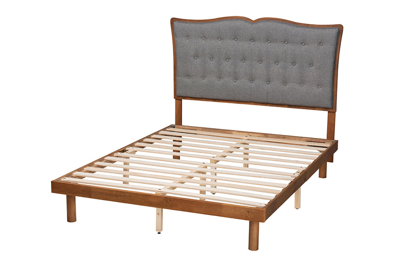 Kirana Classic and Traditional Gray Fabric and Walnut Brown Finished Wood King Size Platform Bed