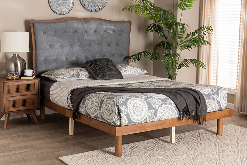 Kirana Classic and Traditional Gray Fabric and Walnut Brown Finished Wood King Size Platform Bed