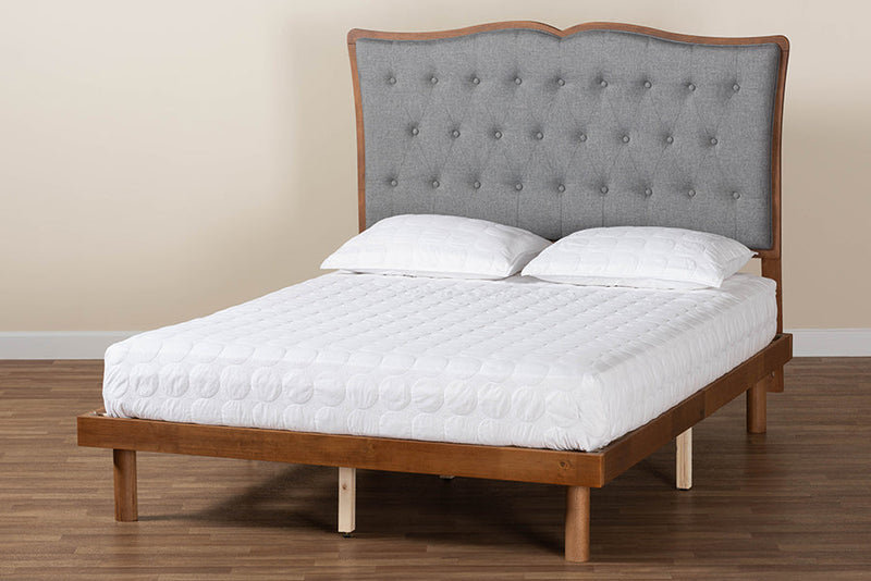 Kirana Gray Fabric and Walnut Brown Queen Size Platform Bed Baxton