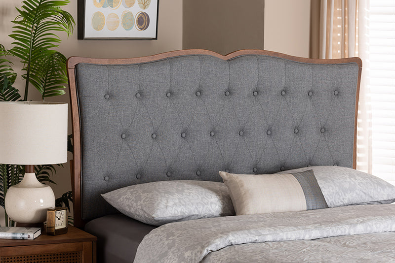 Adanna Classic and Traditional Gray Fabric and Walnut Brown Finished Wood Queen Size Headboard