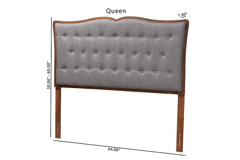 Adanna Classic and Traditional Gray Fabric and Walnut Brown Finished Wood Queen Size Headboard